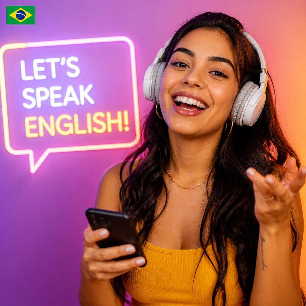 Estudante sorrindo praticando inglês com o TalkSphere no celular