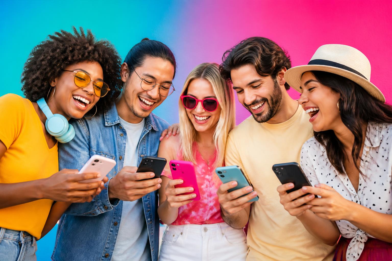 Grupo de jovens sorrindo enquanto praticam idiomas pelo celular